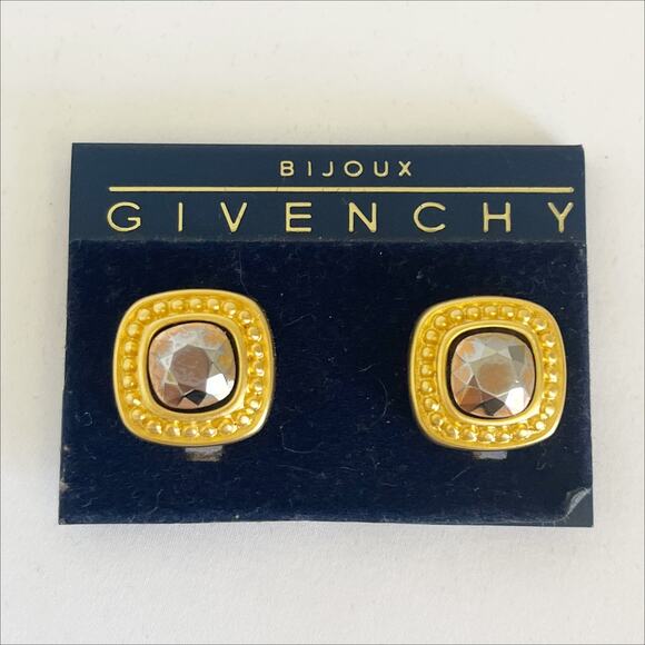 GIVENCHY Vintage Iconic Square Crystal Gold Toned Earring Clip On - Picture 1 of 9